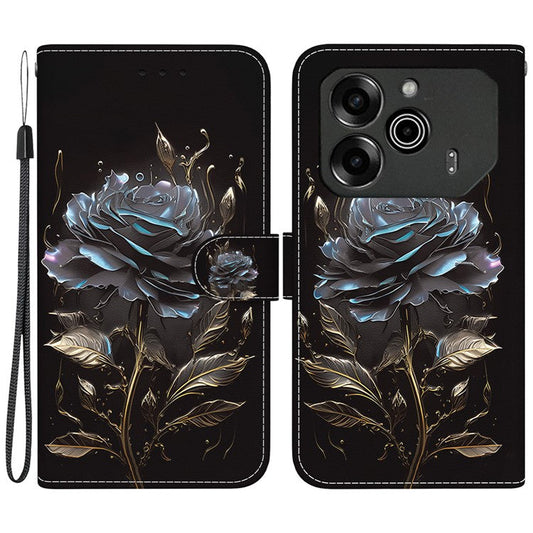 For TECNO Pova 6 5G / 6 Pro 5G Wallet Phone Case Pattern Print Leather Stand Cover - Black Rose
