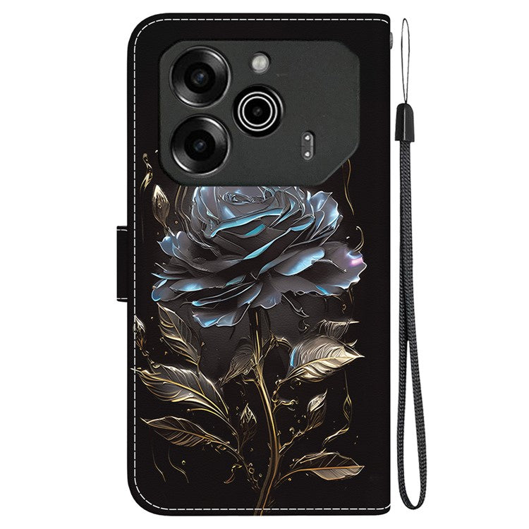 For TECNO Pova 6 5G / 6 Pro 5G Wallet Phone Case Pattern Print Leather Stand Cover - Black Rose