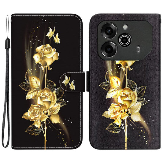 For TECNO Pova 6 5G / 6 Pro 5G Wallet Phone Case Pattern Print Leather Stand Cover - Gold Butterfly Rose