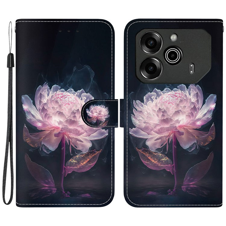 For TECNO Pova 6 5G / 6 Pro 5G Wallet Phone Case Pattern Print Leather Stand Cover - Purple Peony