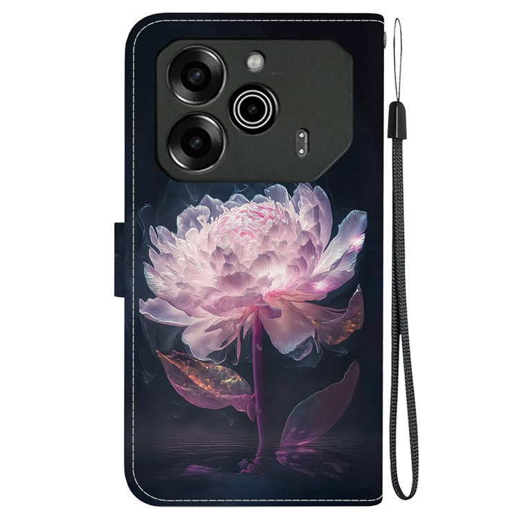 For TECNO Pova 6 5G / 6 Pro 5G Wallet Phone Case Pattern Print Leather Stand Cover - Purple Peony