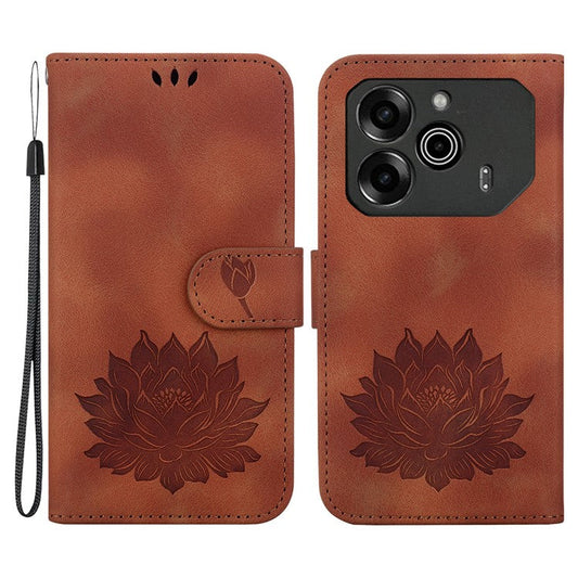 For TECNO Pova 6 5G / 6 Pro 5G Case with Wrist Strap Lotus Imprint Leather Wallet Phone Cover - Brown
