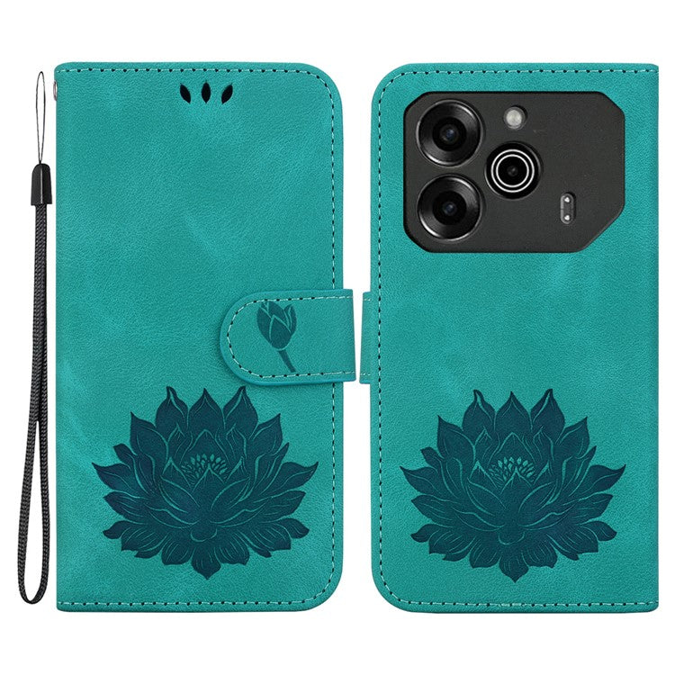 For TECNO Pova 6 5G / 6 Pro 5G Case with Wrist Strap Lotus Imprint Leather Wallet Phone Cover - Green