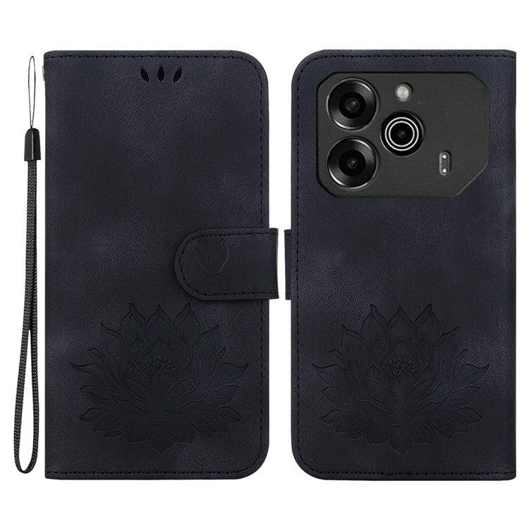 For TECNO Pova 6 5G / 6 Pro 5G Case with Wrist Strap Lotus Imprint Leather Wallet Phone Cover - Black