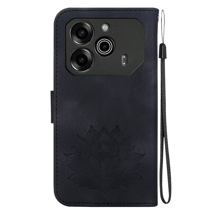 For TECNO Pova 6 5G / 6 Pro 5G Case with Wrist Strap Lotus Imprint Leather Wallet Phone Cover - Black