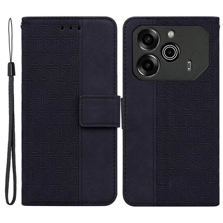For TECNO Pova 6 5G / 6 Pro 5G Wallet Phone Case Geometry Imprint Leather Flip Cover with Strap - Black