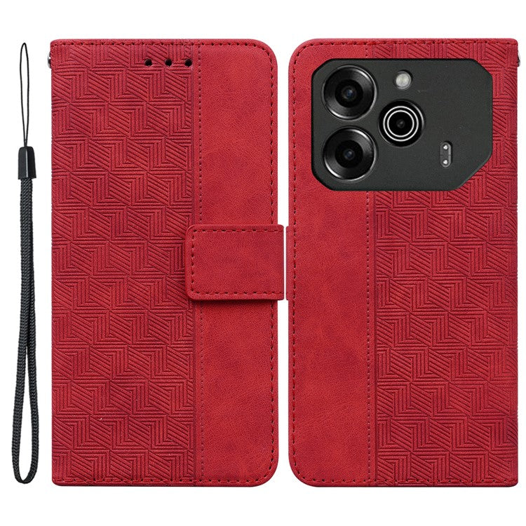 For TECNO Pova 6 5G / 6 Pro 5G Wallet Phone Case Geometry Imprint Leather Flip Cover with Strap - Red
