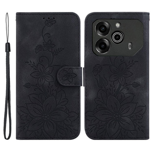 For TECNO Pova 6 5G / 6 Pro 5G Wallet Phone Case Lily Imprint Scratch-Proof Leather Flip Cover - Black