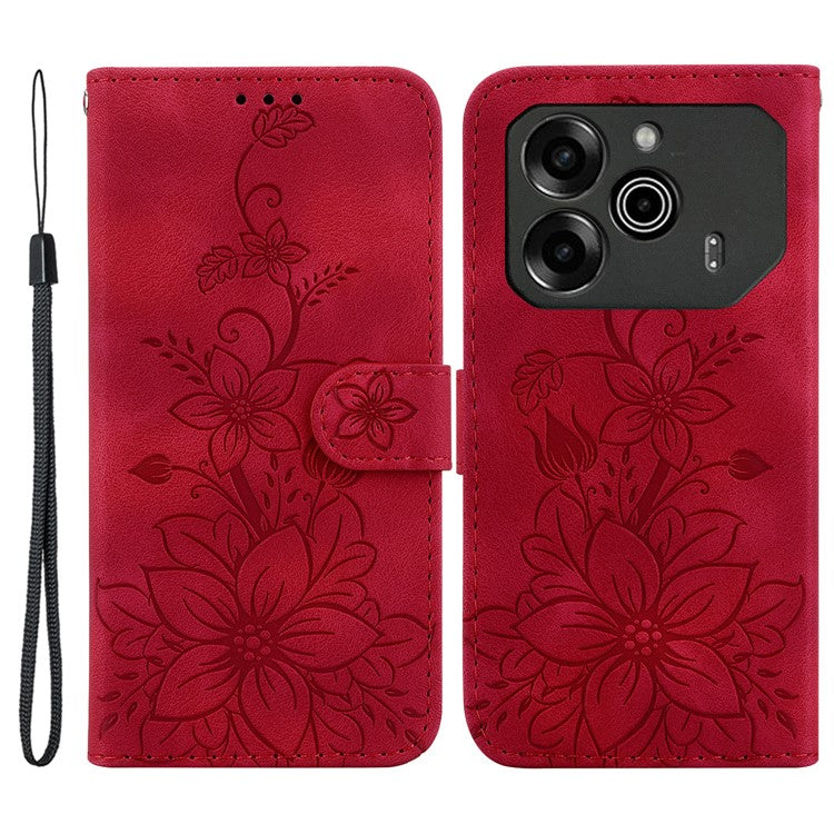 For TECNO Pova 6 5G / 6 Pro 5G Wallet Phone Case Lily Imprint Scratch-Proof Leather Flip Cover - Red