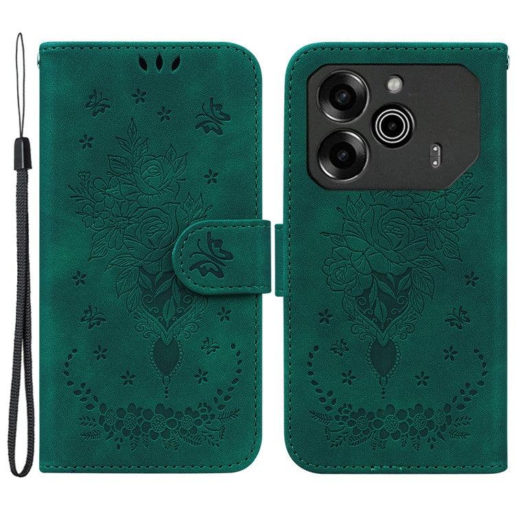 For TECNO Pova 6 5G / 6 Pro 5G Case Butterfly Rose Imprint Leather Phone Cover Wallet Stand - Green