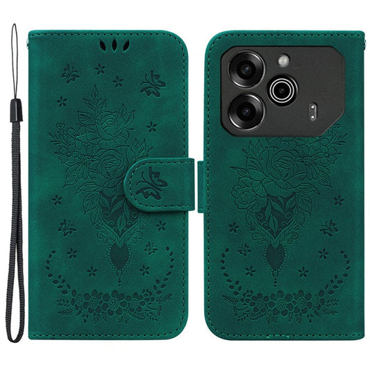 For TECNO Pova 6 5G / 6 Pro 5G Case Butterfly Rose Imprint Leather Phone Cover Wallet Stand - Green
