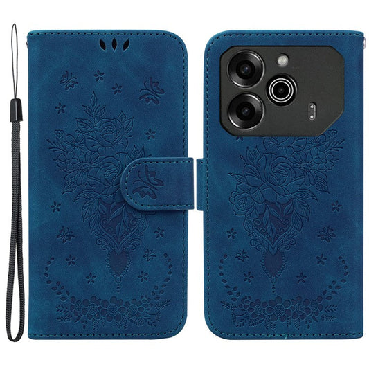 For TECNO Pova 6 5G / 6 Pro 5G Case Butterfly Rose Imprint Leather Phone Cover Wallet Stand - Blue