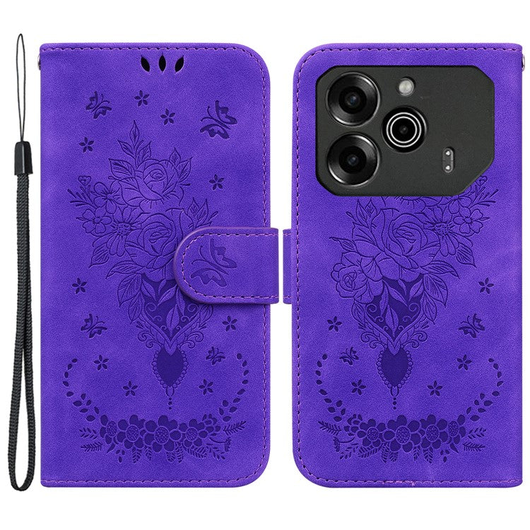 For TECNO Pova 6 5G / 6 Pro 5G Case Butterfly Rose Imprint Leather Phone Cover Wallet Stand - Purple