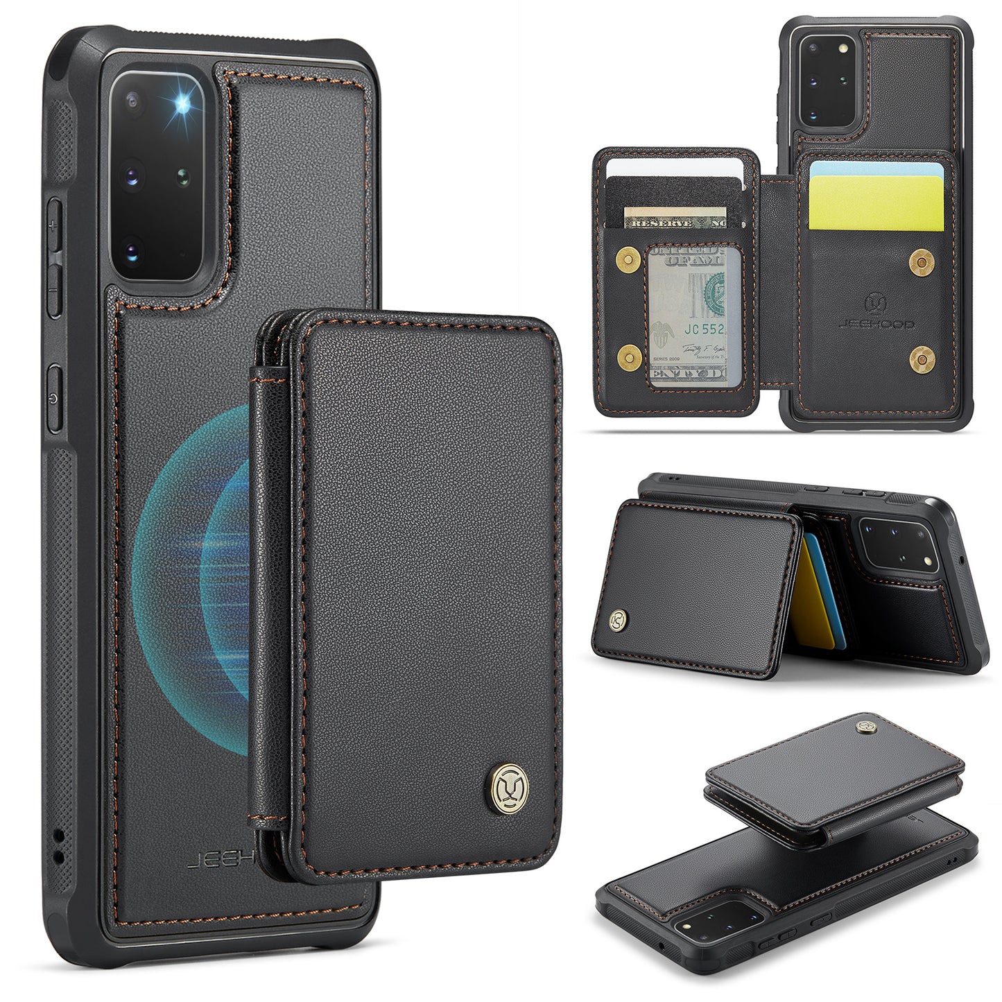 JEEHOOD J05 For Samsung Galaxy S20 Plus 5G / 4G Magnetic Case PU+TPU Phone Cover Card Holder Kickstand - Black