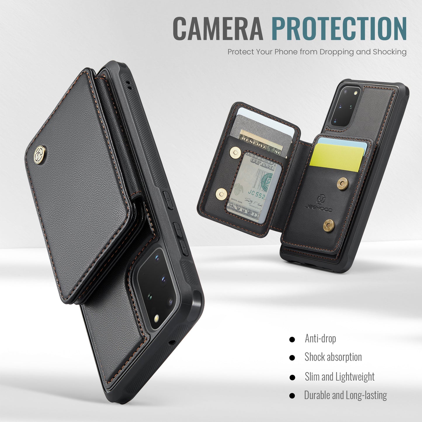 JEEHOOD J05 For Samsung Galaxy S20 Plus 5G / 4G Magnetic Case PU+TPU Phone Cover Card Holder Kickstand - Black