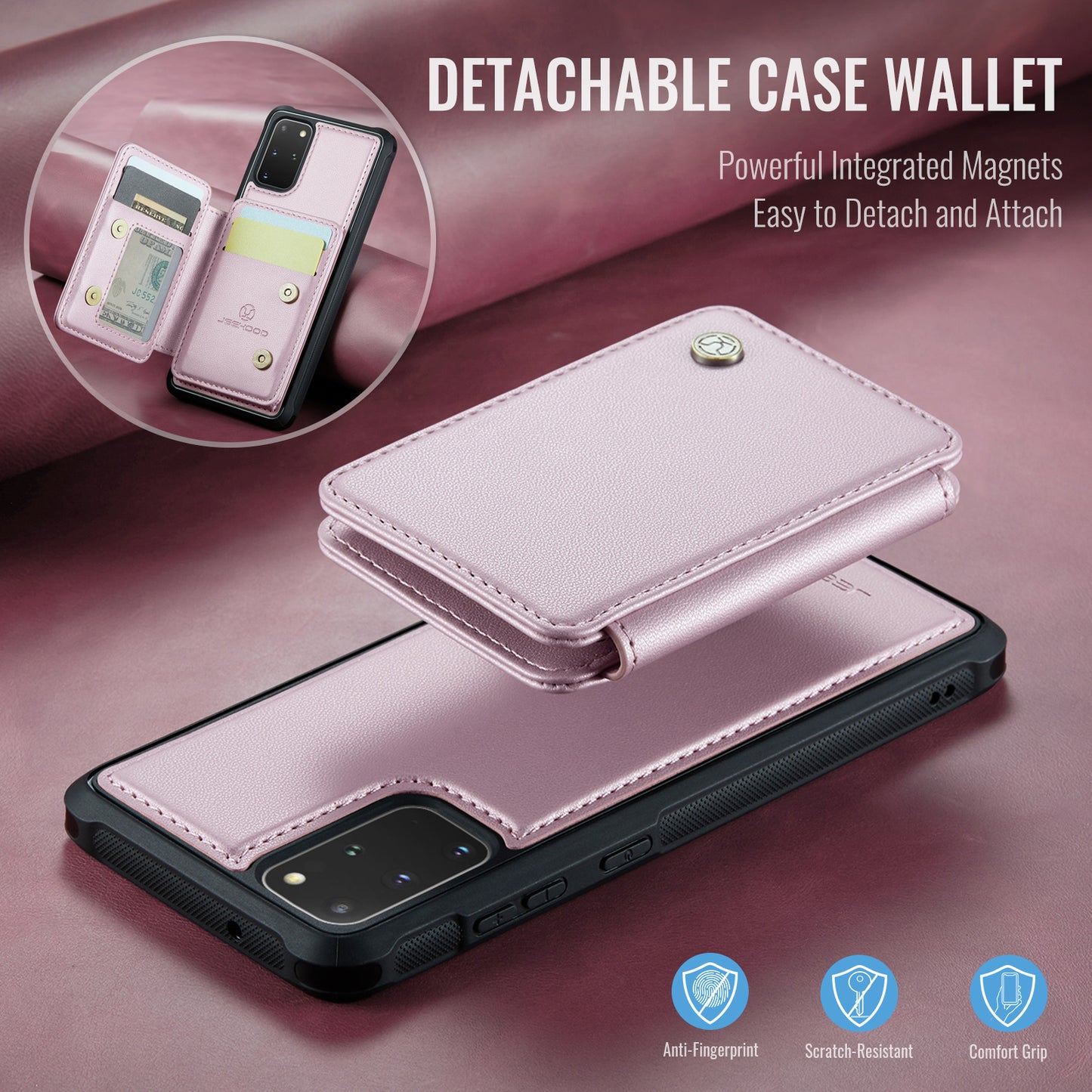 JEEHOOD J05 For Samsung Galaxy S20 Plus 5G / 4G Magnetic Case PU+TPU Phone Cover Card Holder Kickstand - Pink