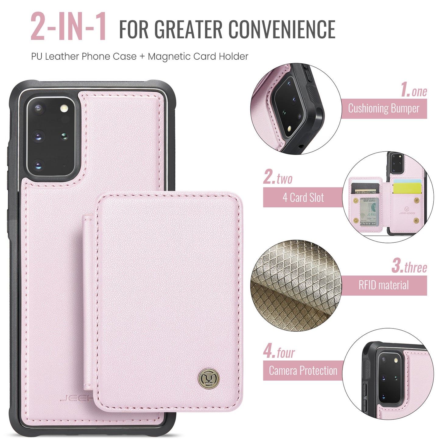 JEEHOOD J05 For Samsung Galaxy S20 Plus 5G / 4G Magnetic Case PU+TPU Phone Cover Card Holder Kickstand - Pink