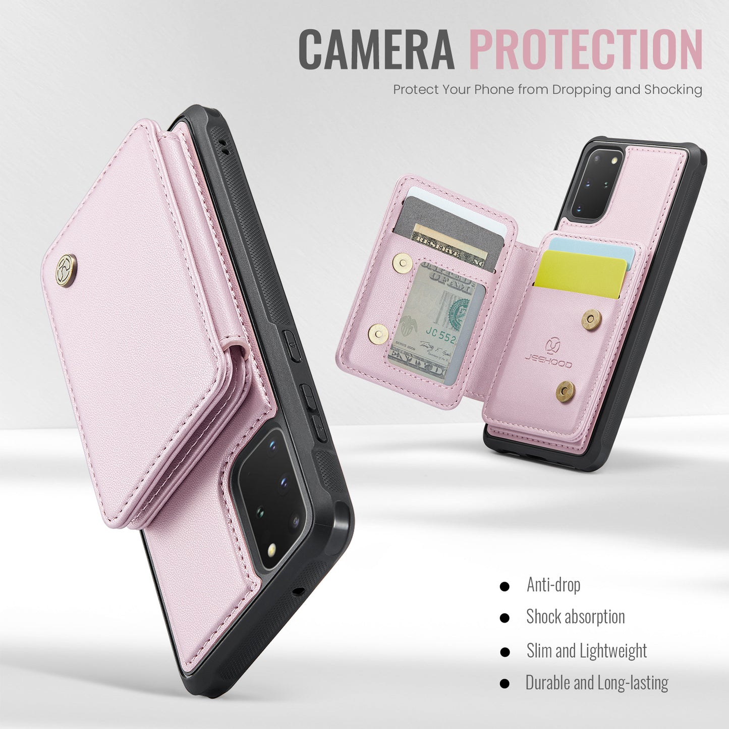 JEEHOOD J05 For Samsung Galaxy S20 Plus 5G / 4G Magnetic Case PU+TPU Phone Cover Card Holder Kickstand - Pink