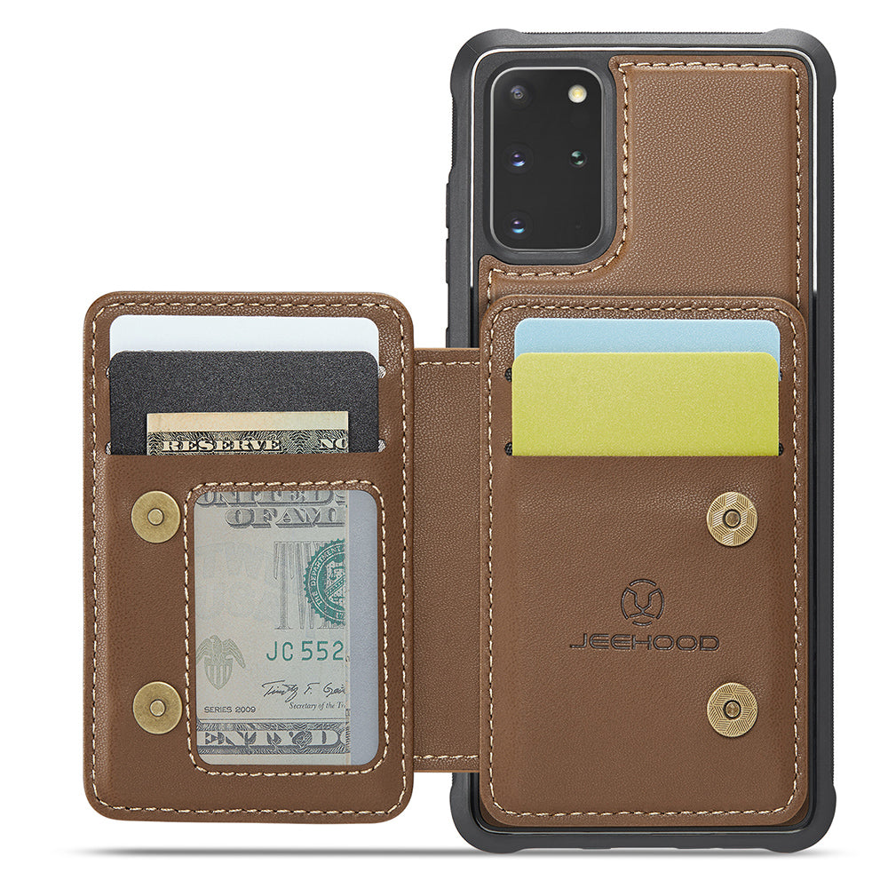 JEEHOOD J05 For Samsung Galaxy S20 Plus 5G / 4G Magnetic Case PU+TPU Phone Cover Card Holder Kickstand - Brown