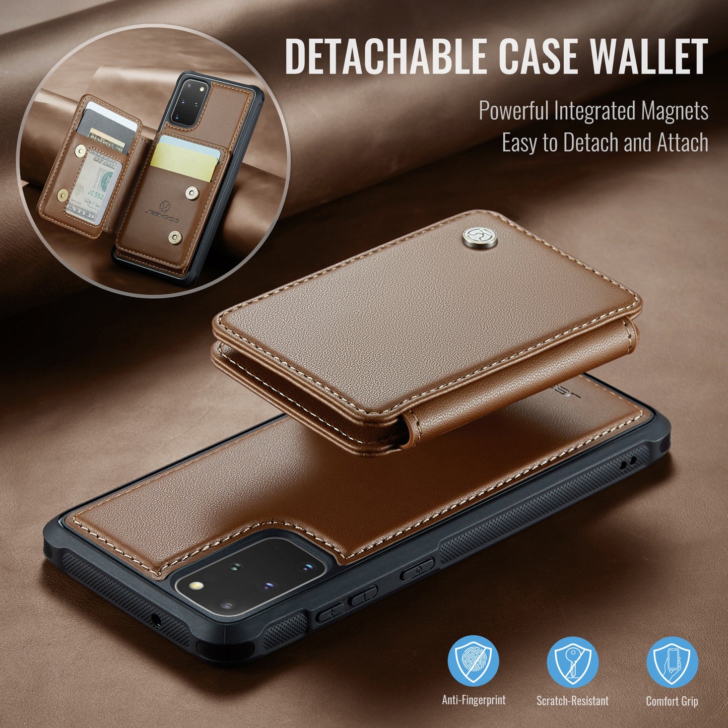JEEHOOD J05 For Samsung Galaxy S20 Plus 5G / 4G Magnetic Case PU+TPU Phone Cover Card Holder Kickstand - Brown
