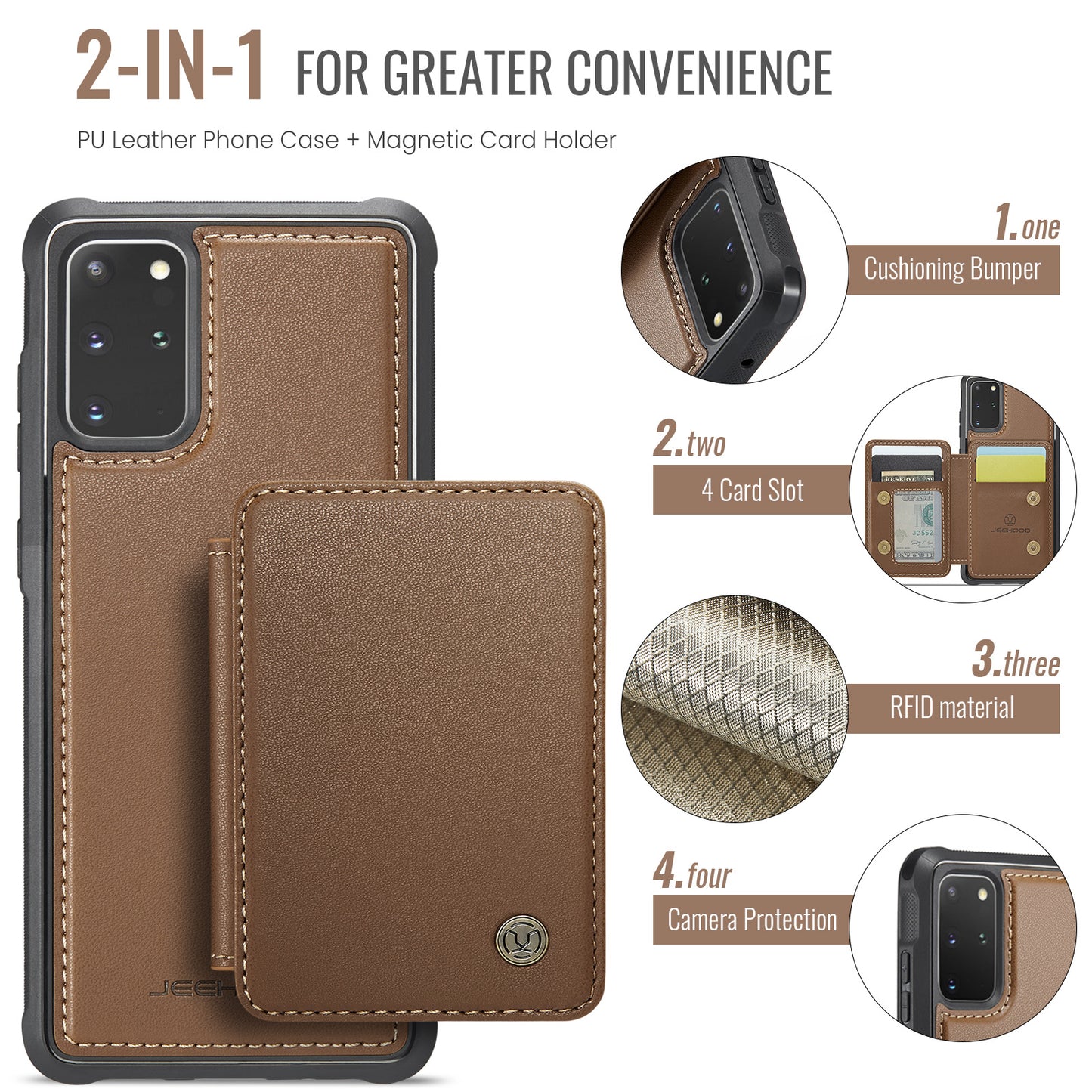 JEEHOOD J05 For Samsung Galaxy S20 Plus 5G / 4G Magnetic Case PU+TPU Phone Cover Card Holder Kickstand - Brown