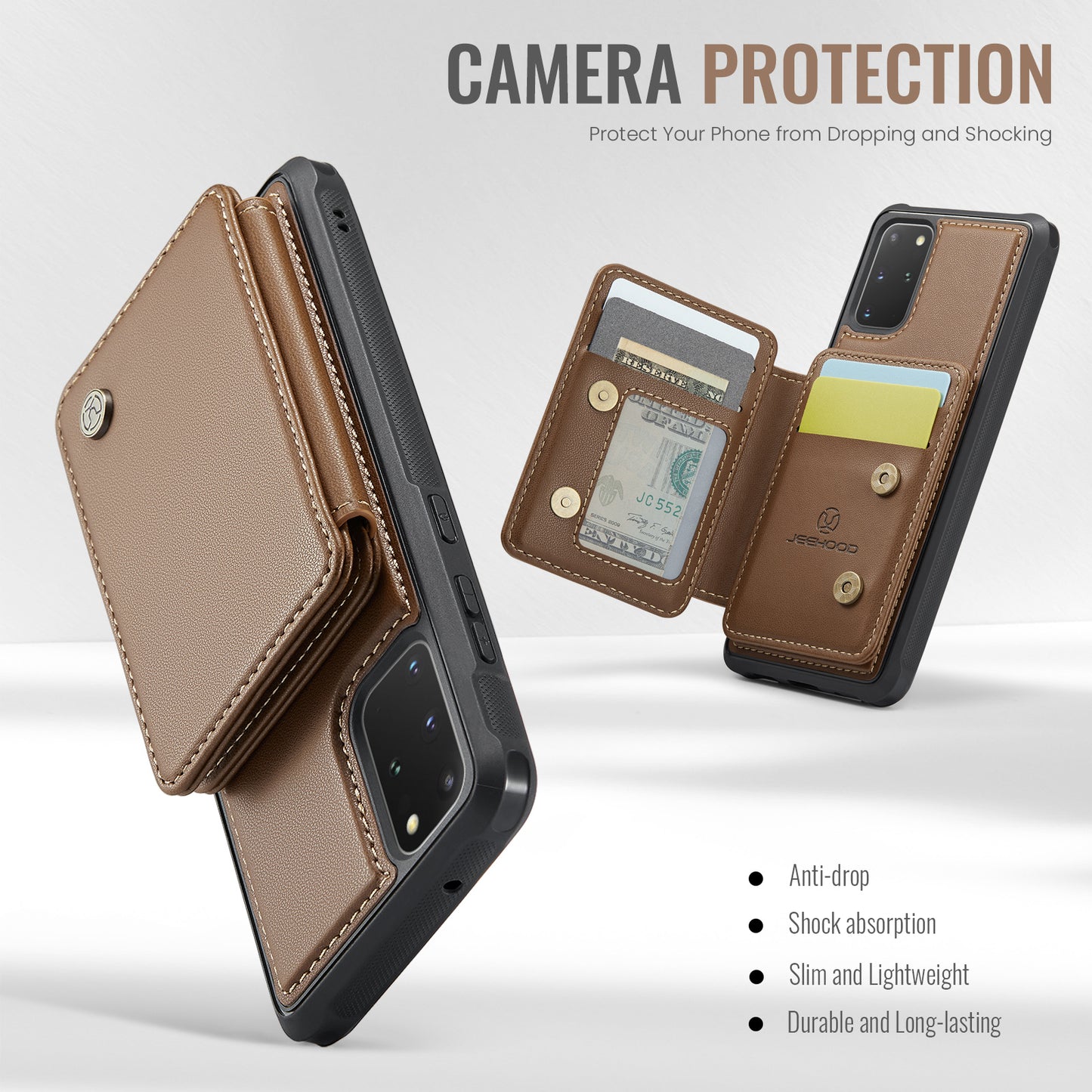 JEEHOOD J05 For Samsung Galaxy S20 Plus 5G / 4G Magnetic Case PU+TPU Phone Cover Card Holder Kickstand - Brown