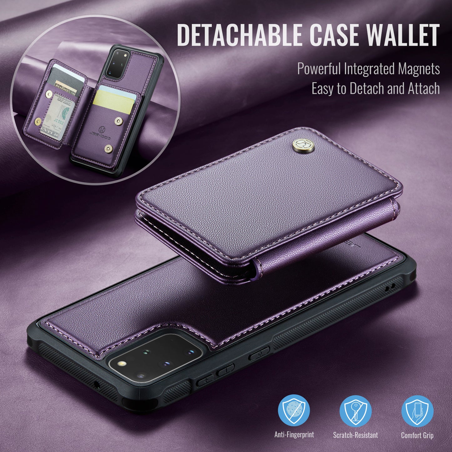 JEEHOOD J05 For Samsung Galaxy S20 Plus 5G / 4G Magnetic Case PU+TPU Phone Cover Card Holder Kickstand - Purple