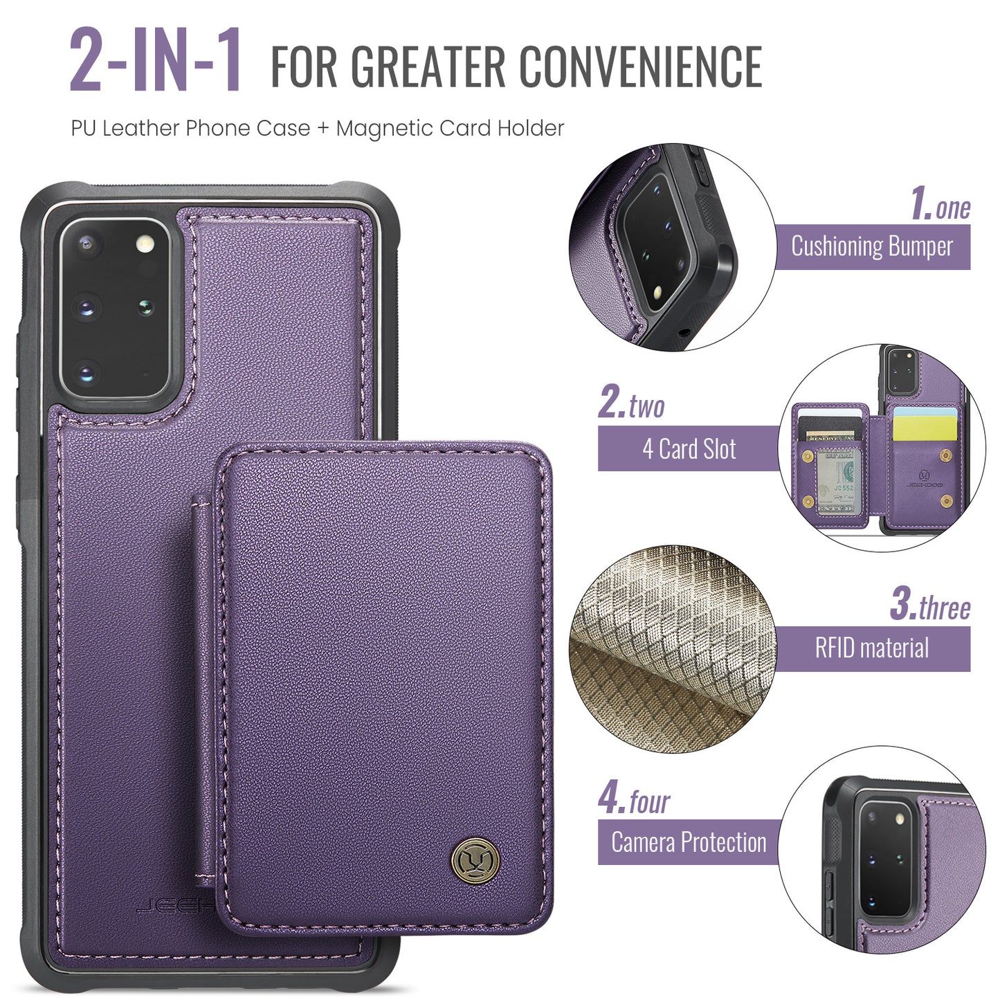JEEHOOD J05 For Samsung Galaxy S20 Plus 5G / 4G Magnetic Case PU+TPU Phone Cover Card Holder Kickstand - Purple