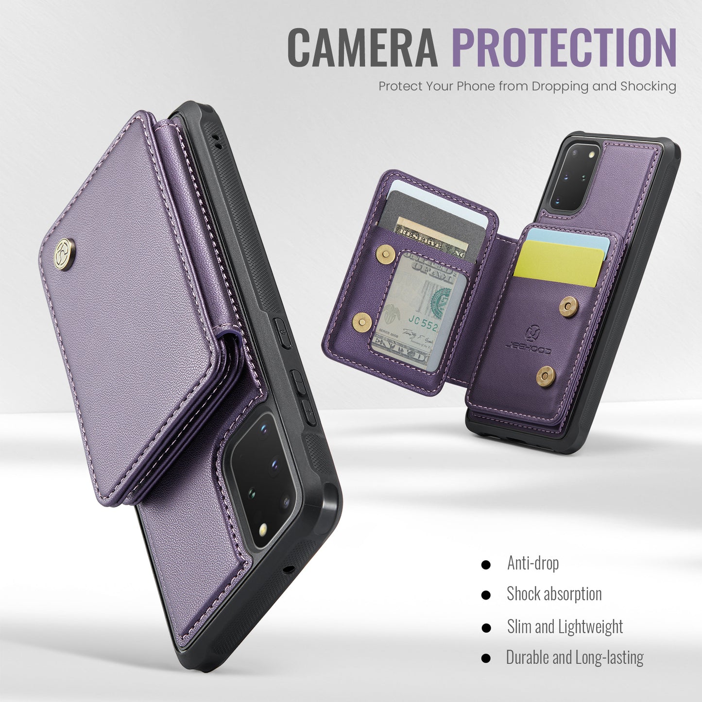 JEEHOOD J05 For Samsung Galaxy S20 Plus 5G / 4G Magnetic Case PU+TPU Phone Cover Card Holder Kickstand - Purple