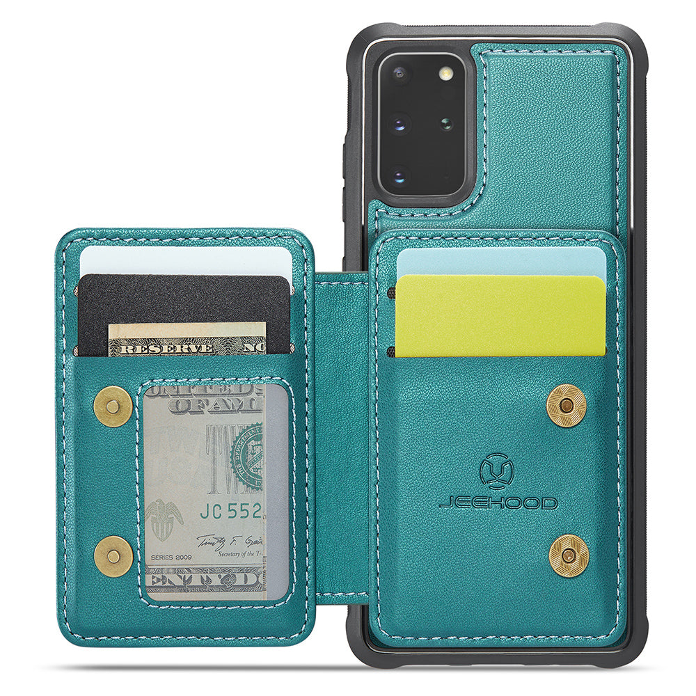 JEEHOOD J05 For Samsung Galaxy S20 Plus 5G / 4G Magnetic Case PU+TPU Phone Cover Card Holder Kickstand - Cyan