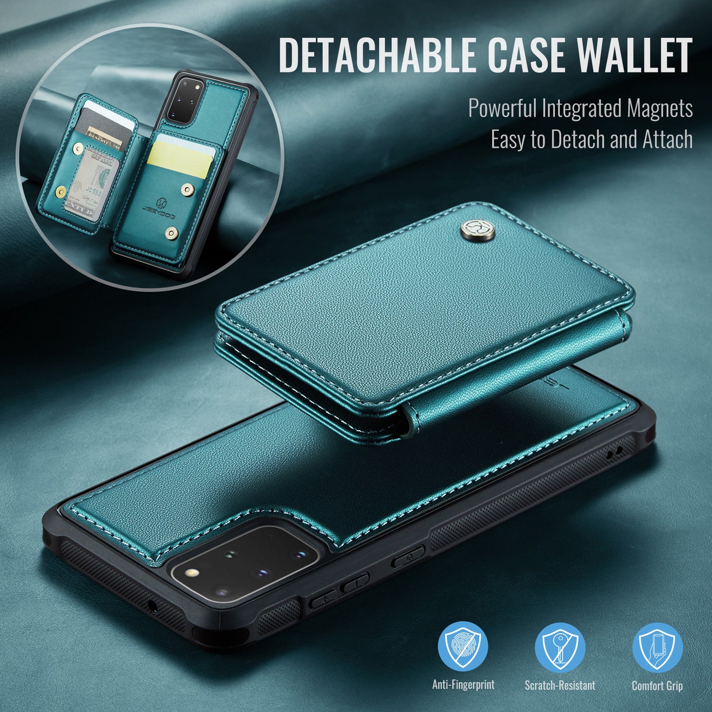 JEEHOOD J05 For Samsung Galaxy S20 Plus 5G / 4G Magnetic Case PU+TPU Phone Cover Card Holder Kickstand - Cyan