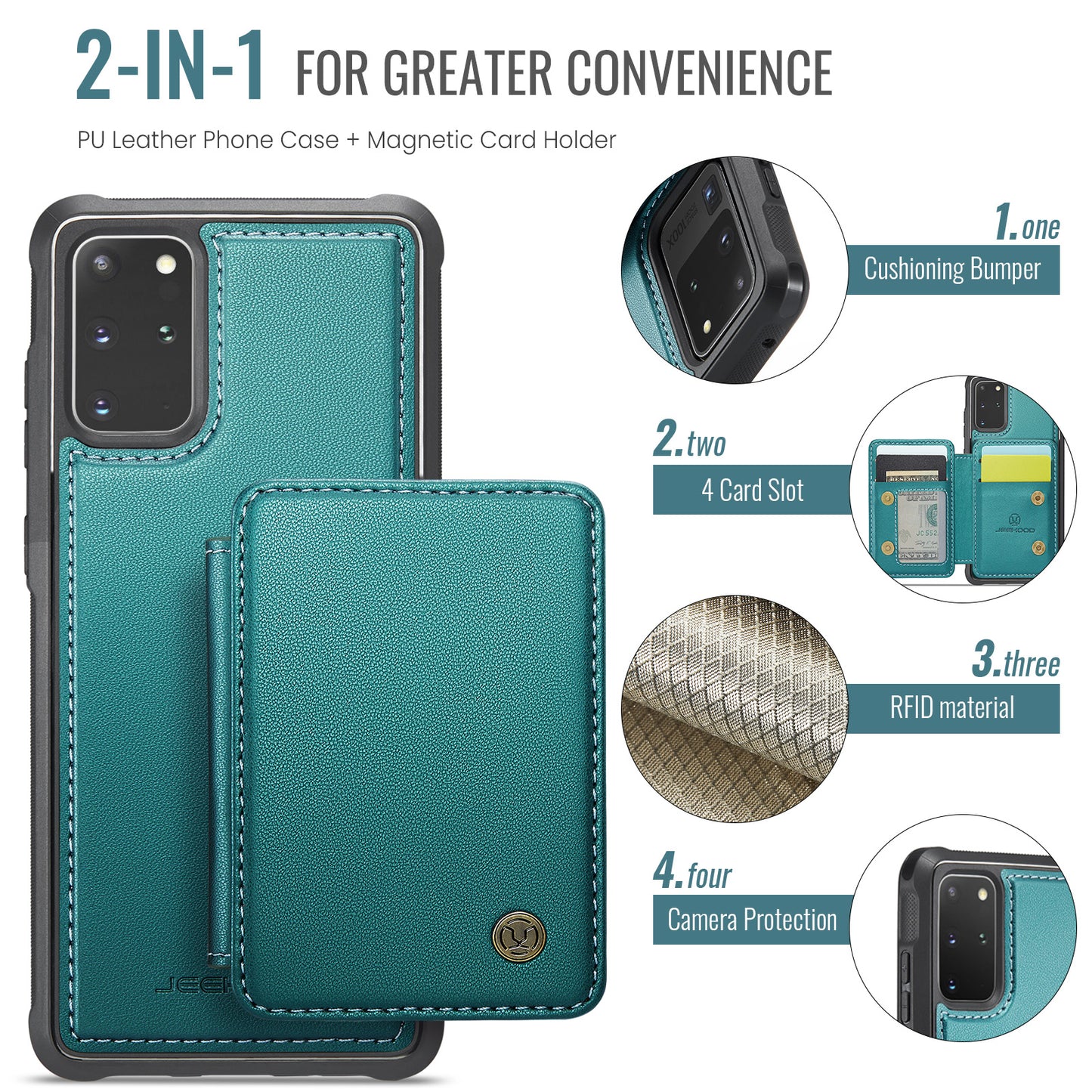 JEEHOOD J05 For Samsung Galaxy S20 Plus 5G / 4G Magnetic Case PU+TPU Phone Cover Card Holder Kickstand - Cyan