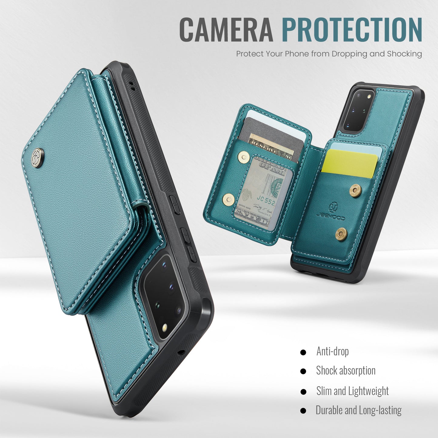 JEEHOOD J05 For Samsung Galaxy S20 Plus 5G / 4G Magnetic Case PU+TPU Phone Cover Card Holder Kickstand - Cyan