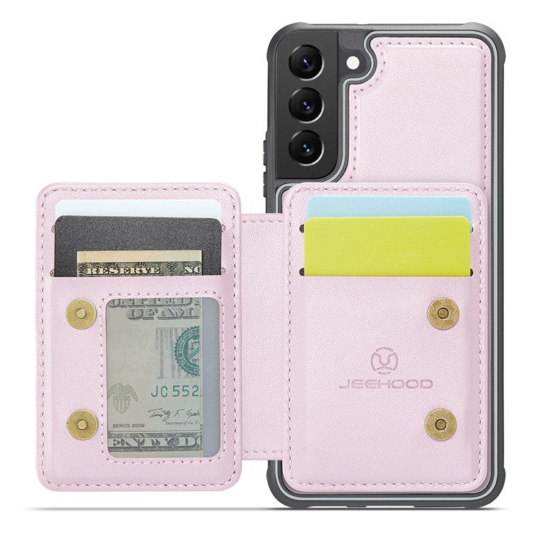 JEEHOOD J05 For Samsung Galaxy S22+ 5G Case TPU+Leather Phone Cover with Magnetic Detachable Card Bag - Pink