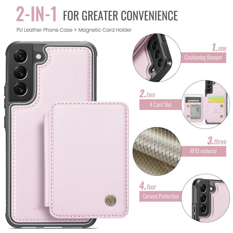 JEEHOOD J05 For Samsung Galaxy S22+ 5G Case TPU+Leather Phone Cover with Magnetic Detachable Card Bag - Pink