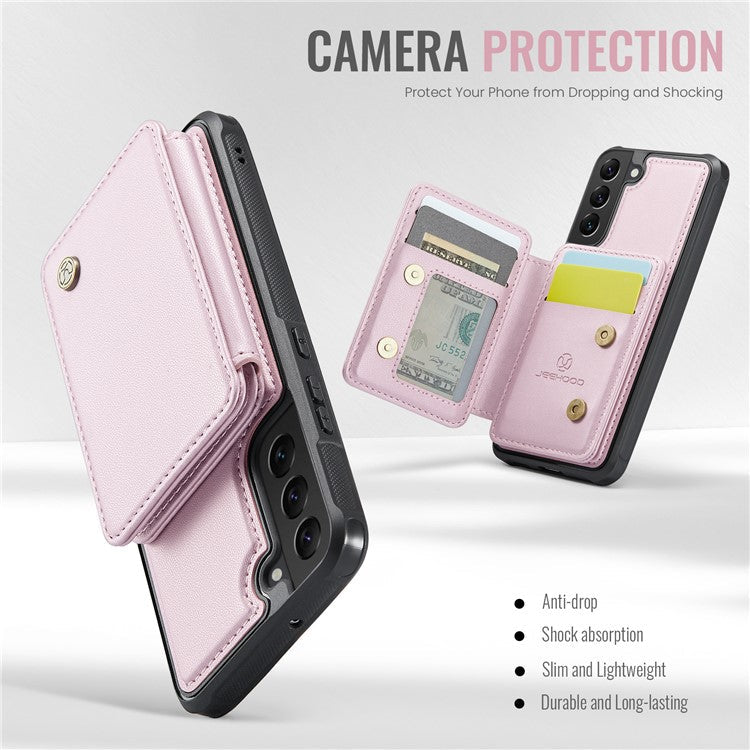 JEEHOOD J05 For Samsung Galaxy S22+ 5G Case TPU+Leather Phone Cover with Magnetic Detachable Card Bag - Pink
