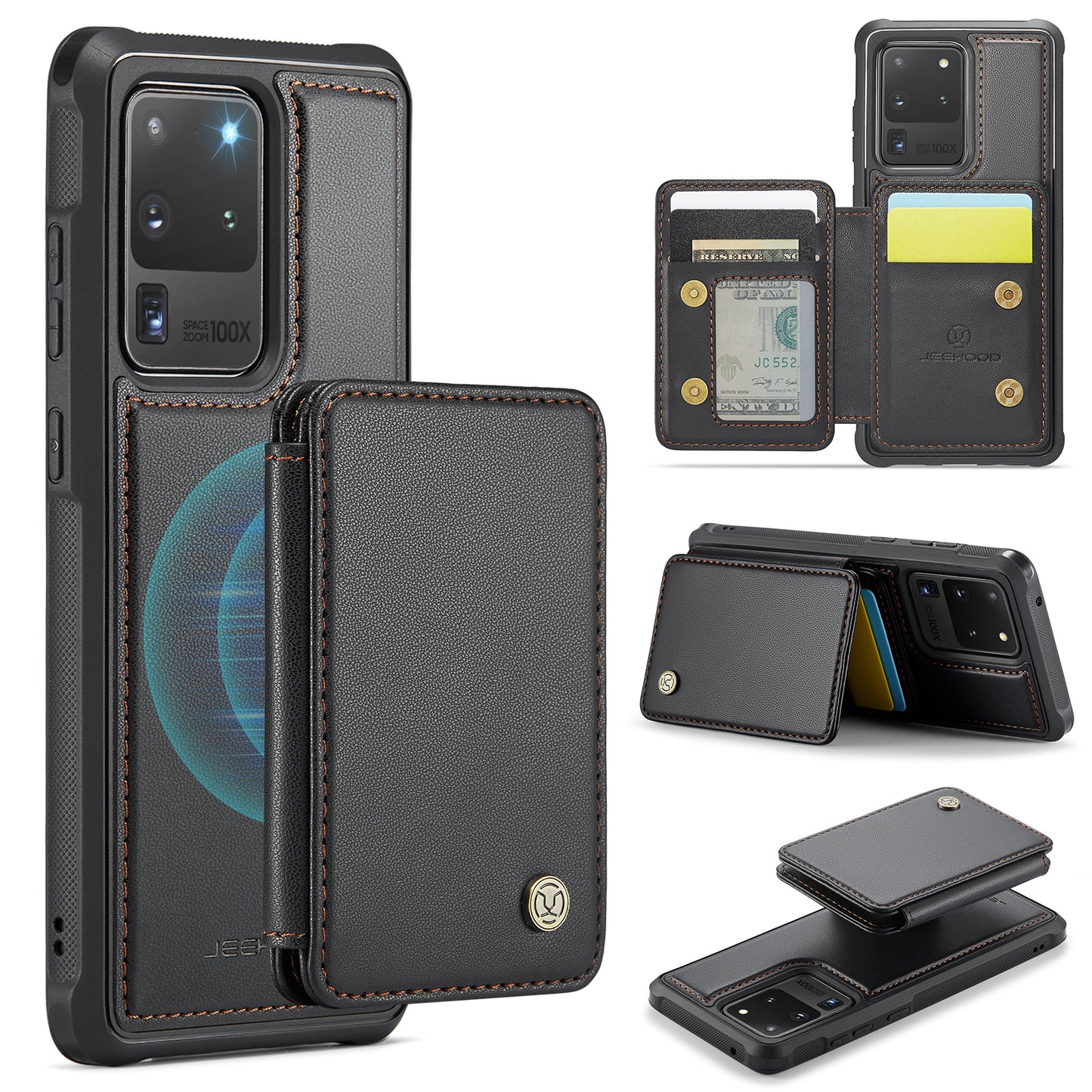 JEEHOOD J05 For Samsung Galaxy S20 Ultra Magnetic Case with Card Bag PU+TPU Kickstand Phone Cover - Black