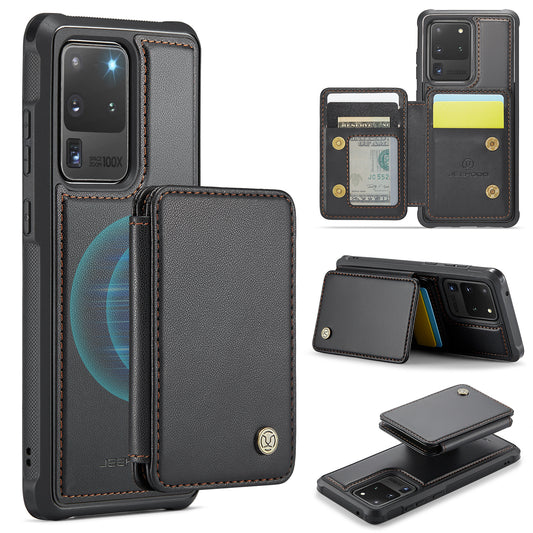JEEHOOD J05 For Samsung Galaxy S20 Ultra Magnetic Case with Card Bag PU+TPU Kickstand Phone Cover - Black