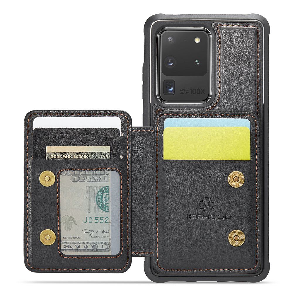 JEEHOOD J05 For Samsung Galaxy S20 Ultra Magnetic Case with Card Bag PU+TPU Kickstand Phone Cover - Black