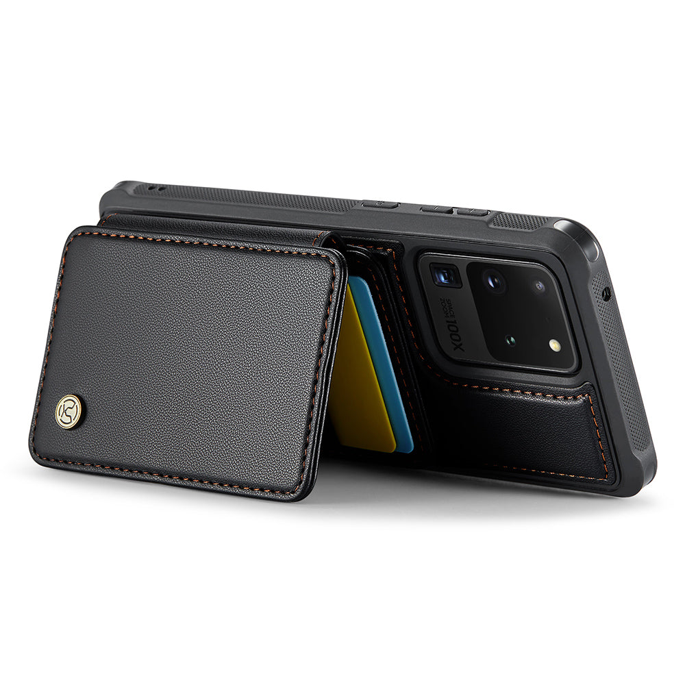 JEEHOOD J05 For Samsung Galaxy S20 Ultra Magnetic Case with Card Bag PU+TPU Kickstand Phone Cover - Black