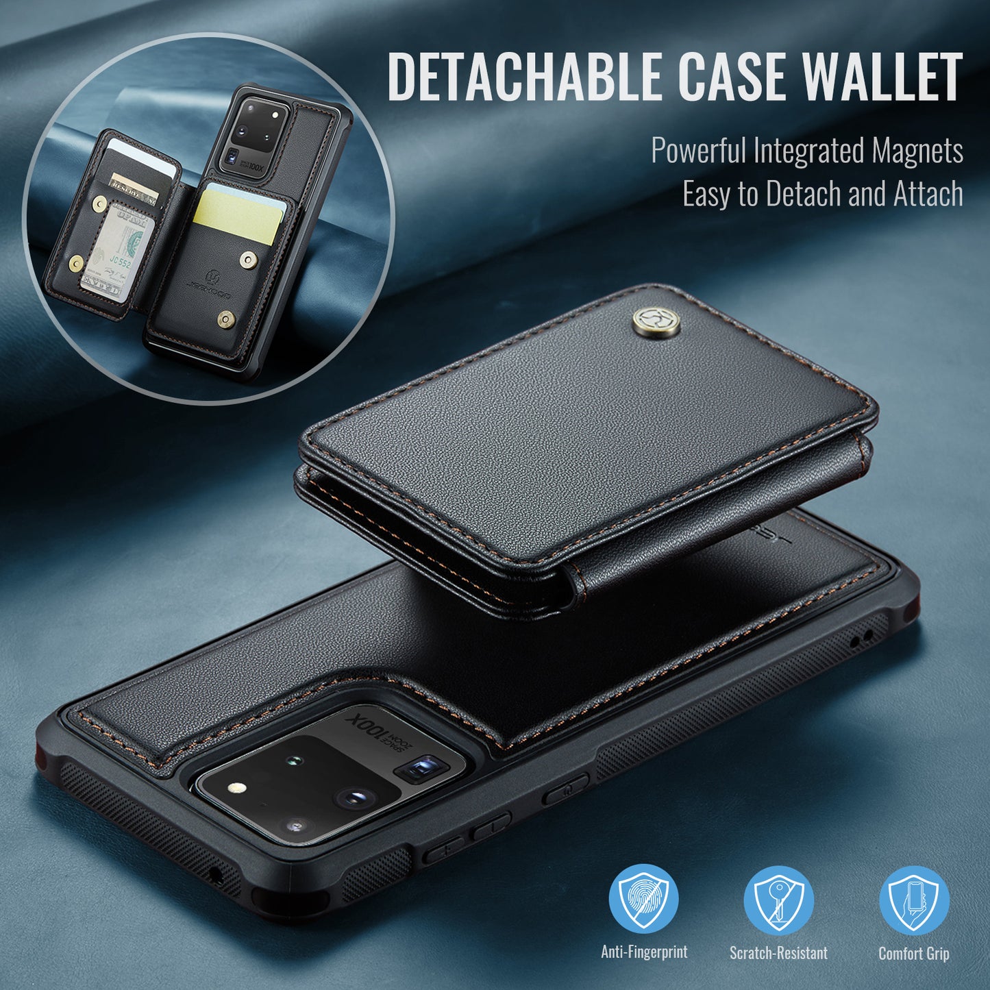 JEEHOOD J05 For Samsung Galaxy S20 Ultra Magnetic Case with Card Bag PU+TPU Kickstand Phone Cover - Black