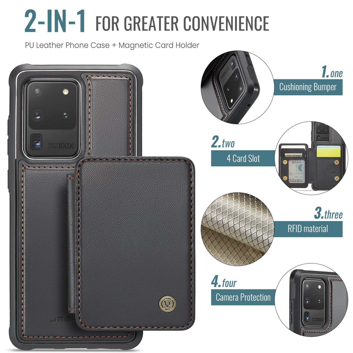 JEEHOOD J05 For Samsung Galaxy S20 Ultra Magnetic Case with Card Bag PU+TPU Kickstand Phone Cover - Black