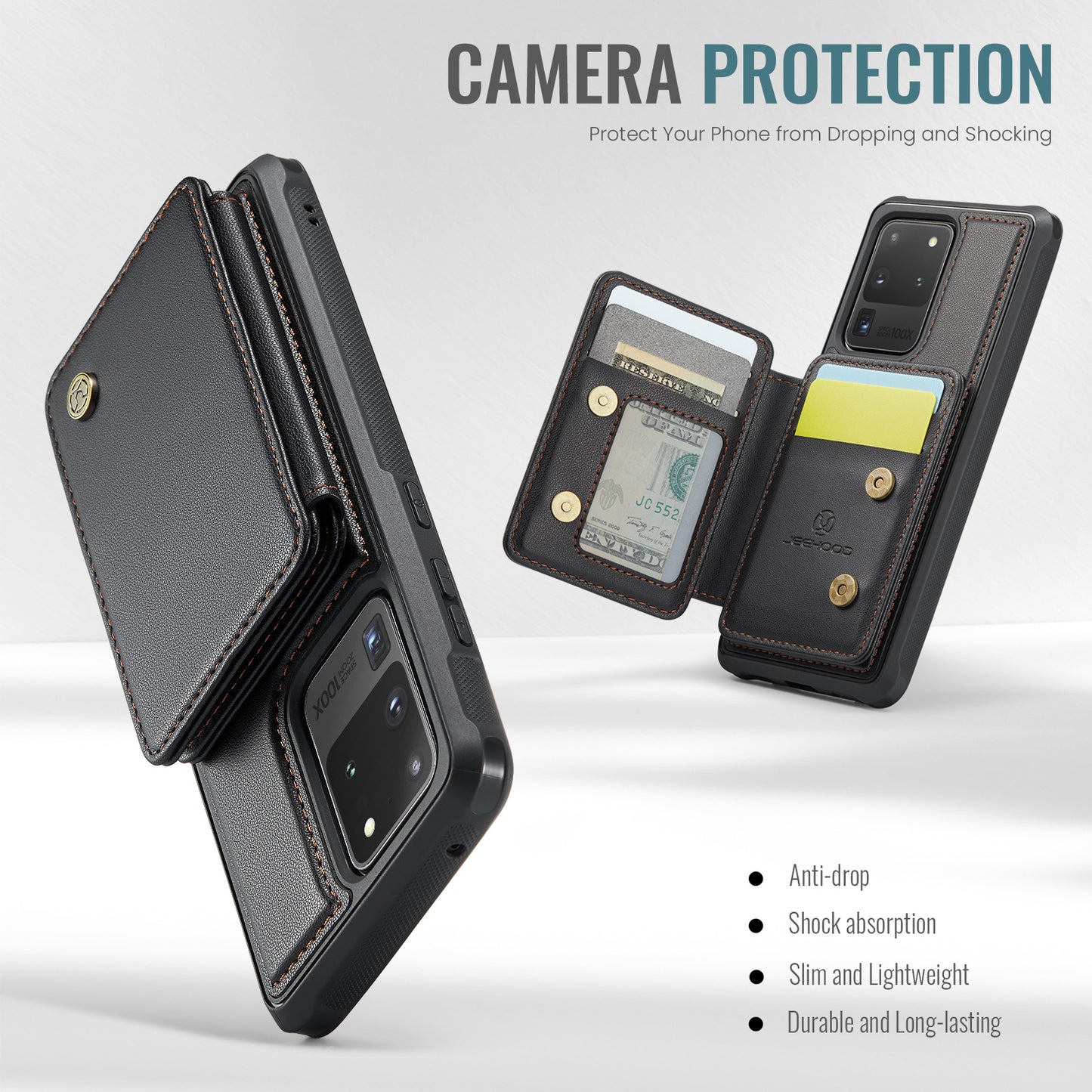 JEEHOOD J05 For Samsung Galaxy S20 Ultra Magnetic Case with Card Bag PU+TPU Kickstand Phone Cover - Black