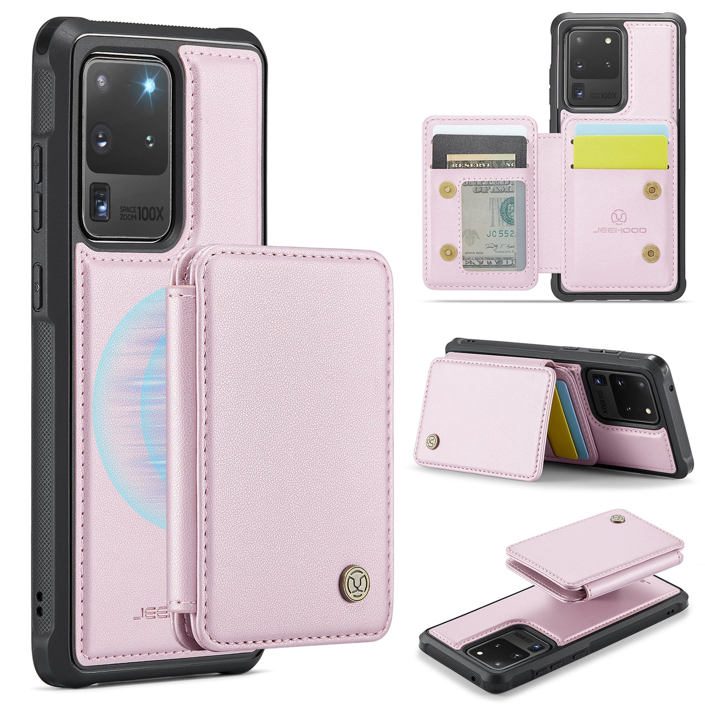 JEEHOOD J05 For Samsung Galaxy S20 Ultra Magnetic Case with Card Bag PU+TPU Kickstand Phone Cover - Pink