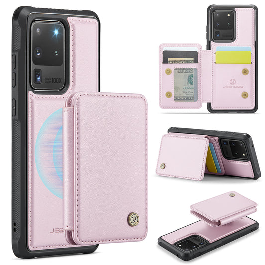 JEEHOOD J05 For Samsung Galaxy S20 Ultra Magnetic Case with Card Bag PU+TPU Kickstand Phone Cover - Pink