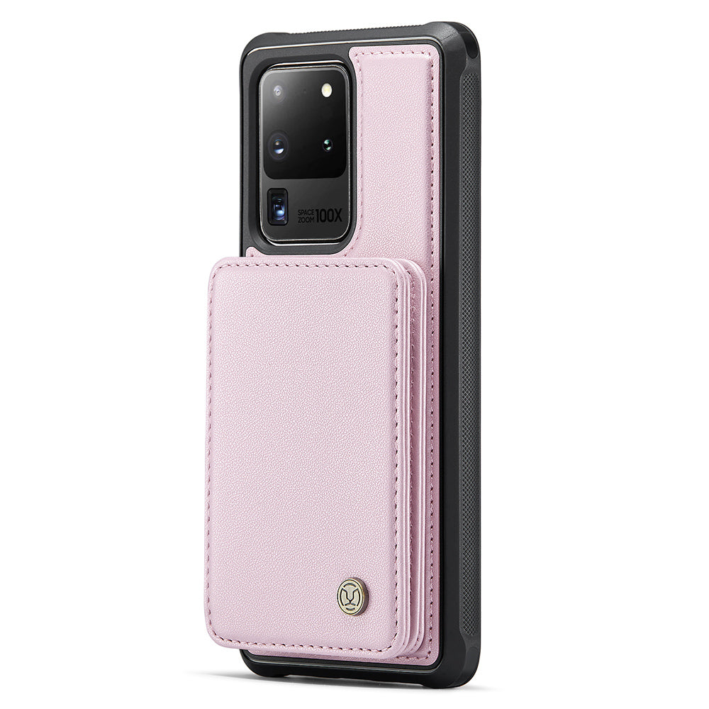 JEEHOOD J05 For Samsung Galaxy S20 Ultra Magnetic Case with Card Bag PU+TPU Kickstand Phone Cover - Pink