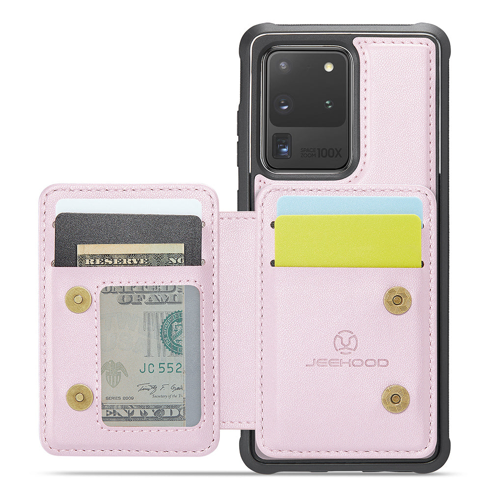 JEEHOOD J05 For Samsung Galaxy S20 Ultra Magnetic Case with Card Bag PU+TPU Kickstand Phone Cover - Pink