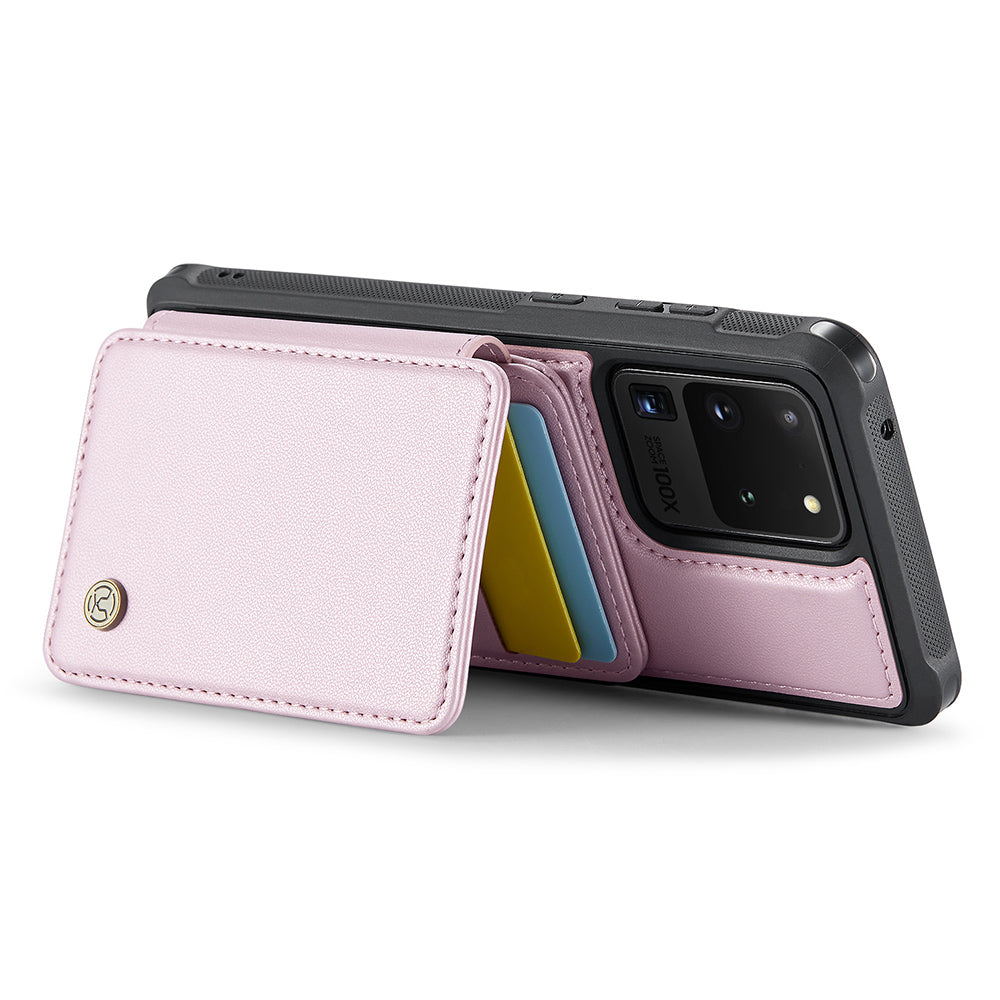 JEEHOOD J05 For Samsung Galaxy S20 Ultra Magnetic Case with Card Bag PU+TPU Kickstand Phone Cover - Pink