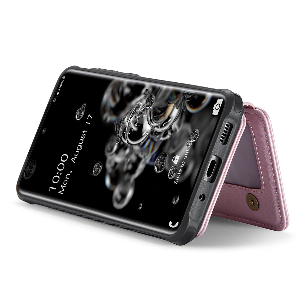 JEEHOOD J05 For Samsung Galaxy S20 Ultra Magnetic Case with Card Bag PU+TPU Kickstand Phone Cover - Pink