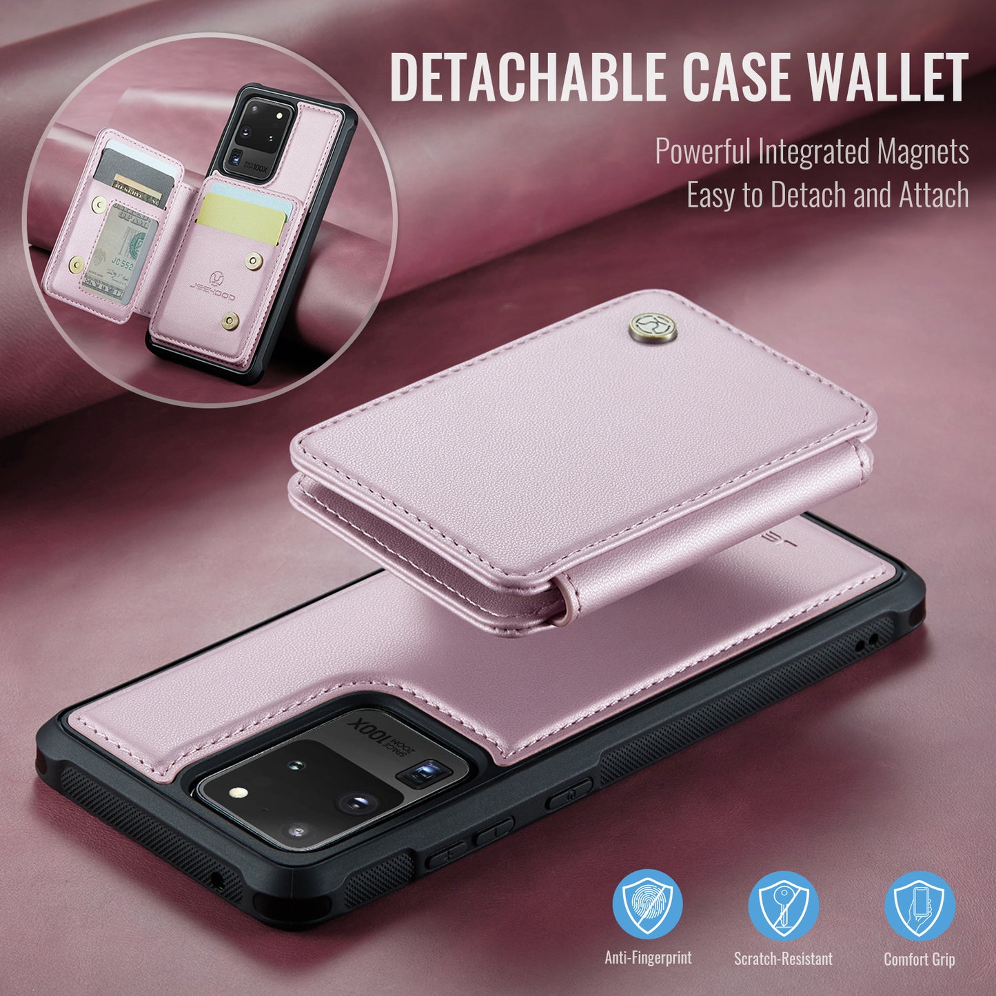 JEEHOOD J05 For Samsung Galaxy S20 Ultra Magnetic Case with Card Bag PU+TPU Kickstand Phone Cover - Pink